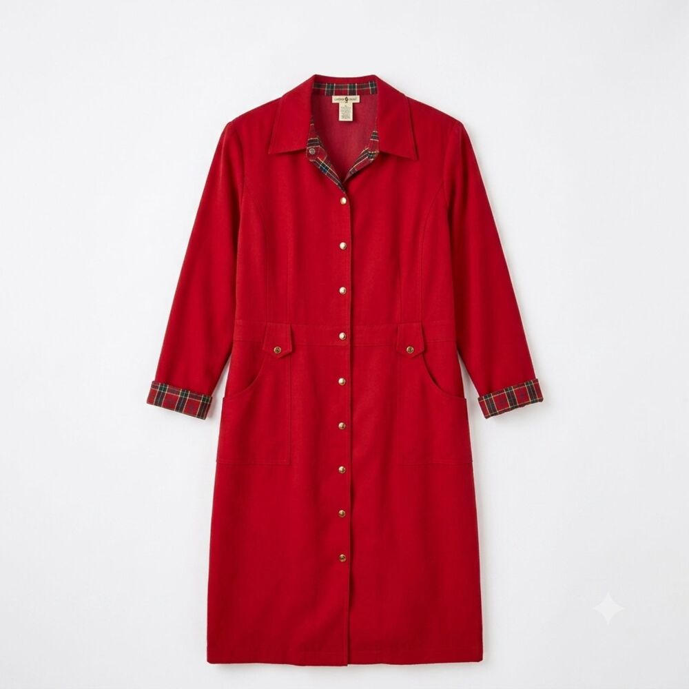 Vintage Duck Head Coat Dress Red Snap Up Plaid Trim Women's 16 Duster Trench